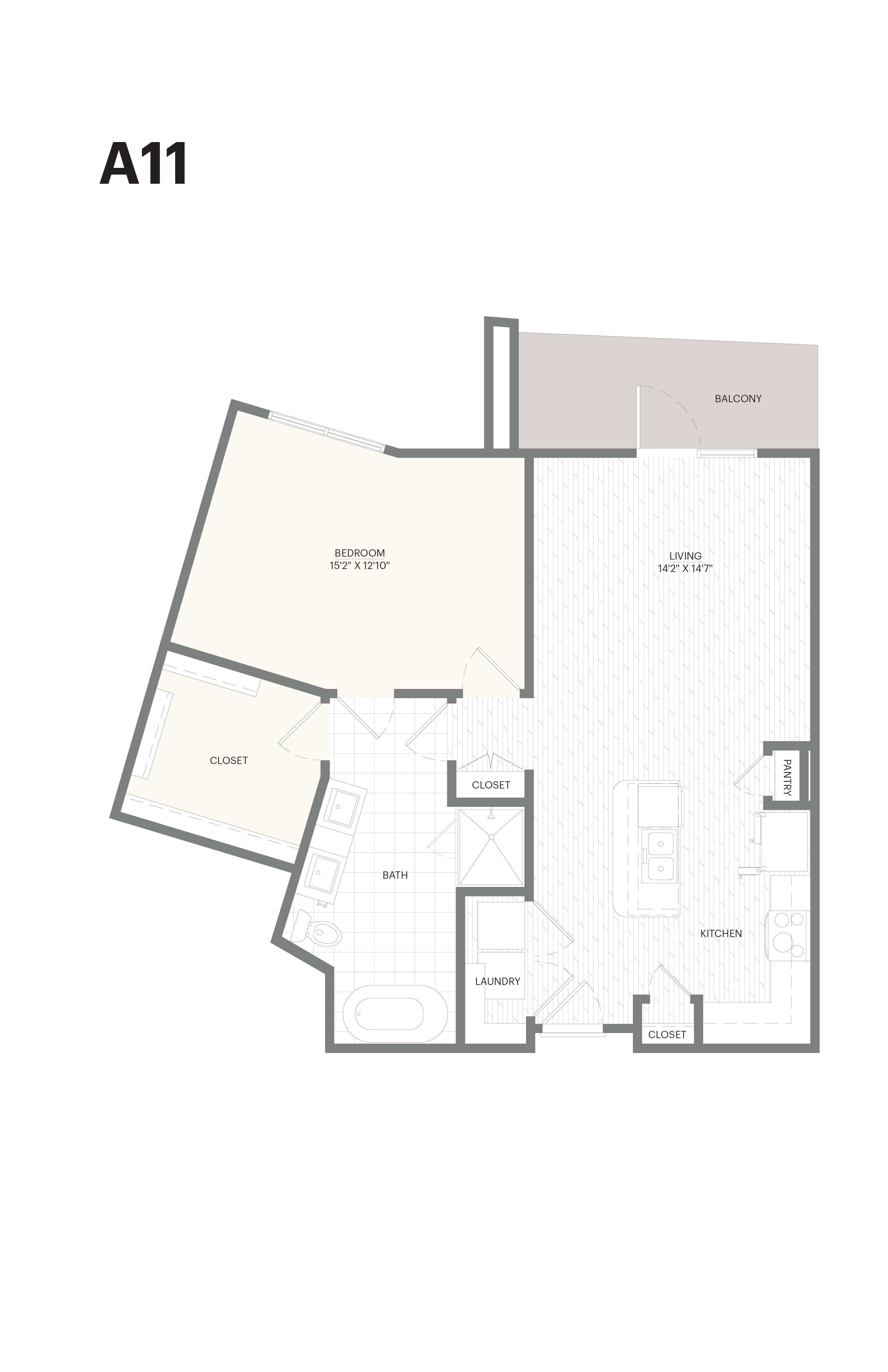 Floor plan for 1 bed, 1 bath, 914 sqft